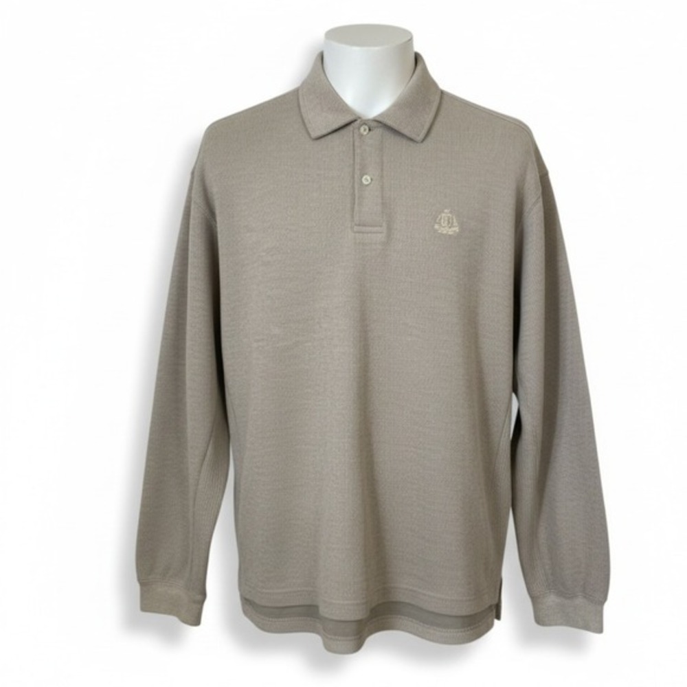 IZOD Men's Polo Golf Sweater Tan Beige Ribbed Knit Cotton Blend Large